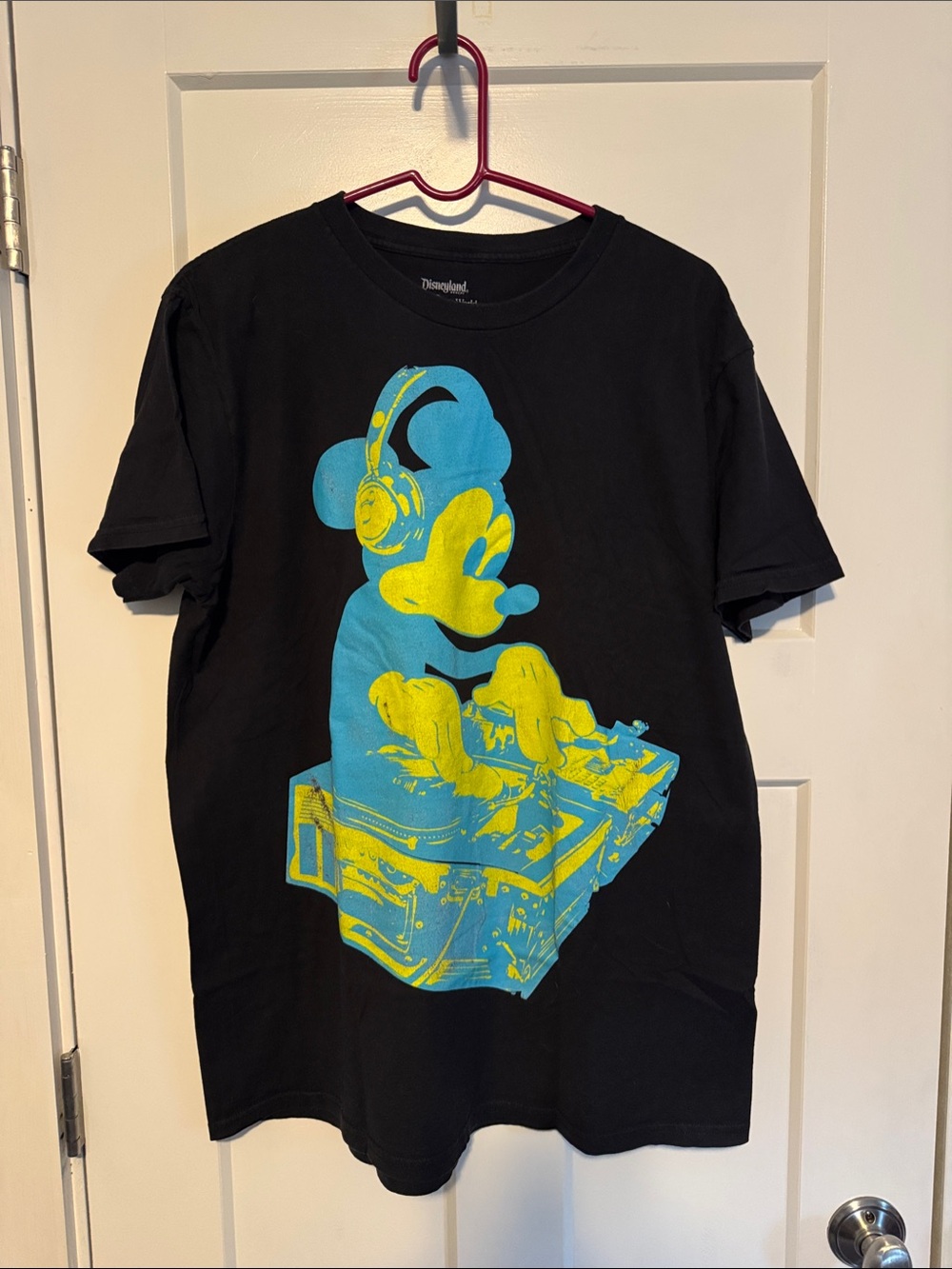 Disney Parks Black Tee with Blue and Yellow Mickey DJ Graphic